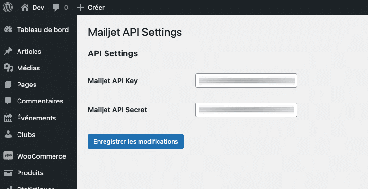 mailjet api screen