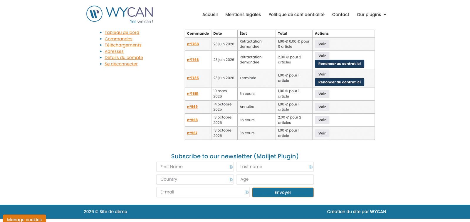 Bouton "Renoncer au contrat ici" affiché dans la liste des commandes WooCommerce côté client - WyRetract