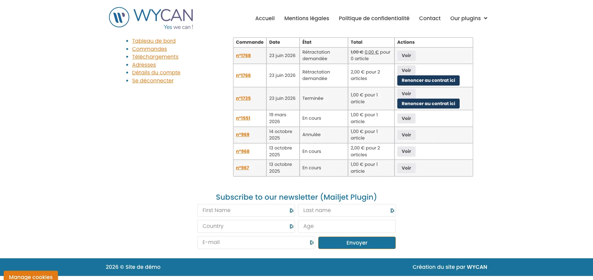 Bouton "Renoncer au contrat ici" affiché dans la liste des commandes WooCommerce côté client - WyRetract