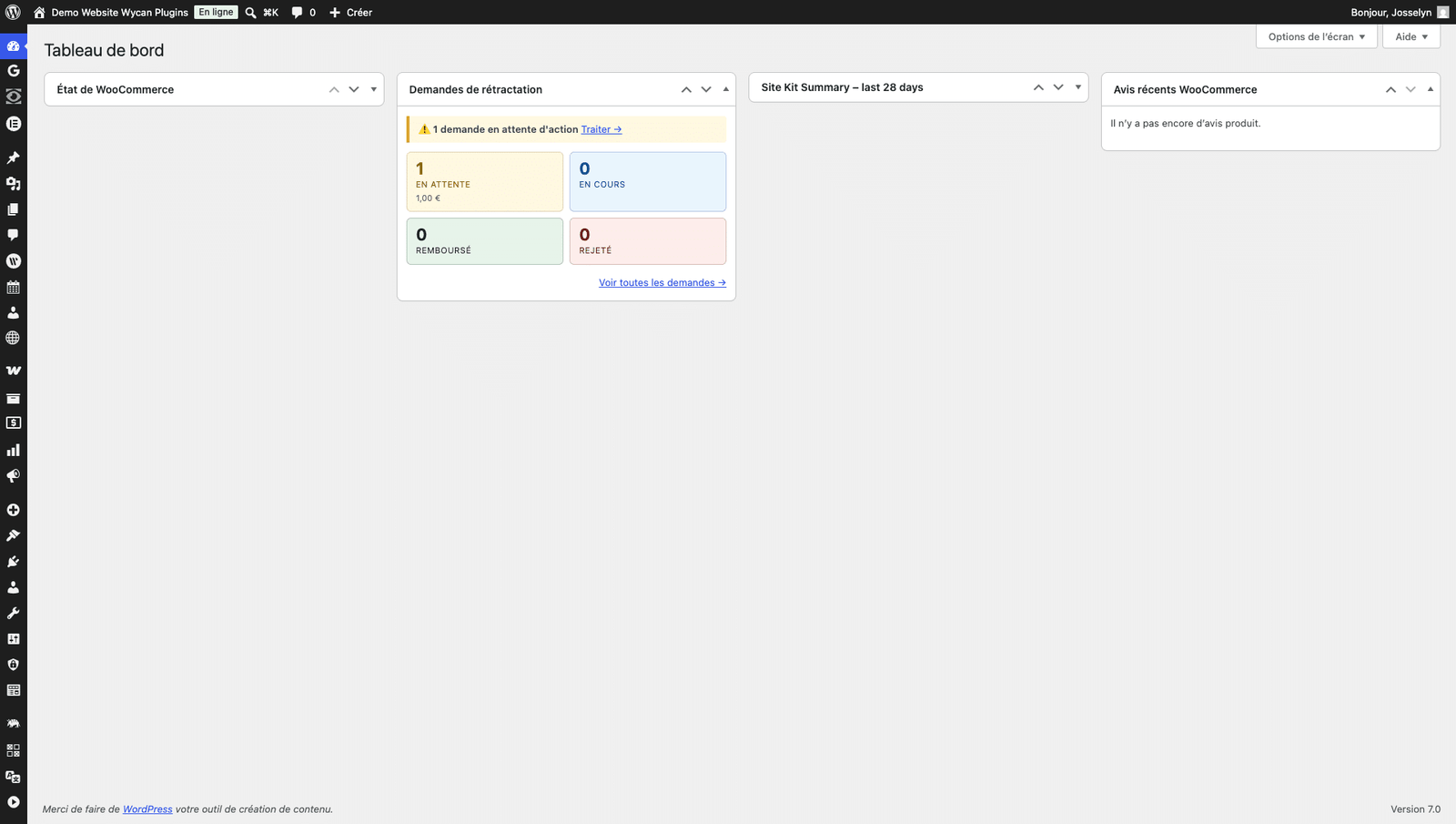 Widget WyRetract dans le tableau de bord WordPress - récapitulatif des demandes de rétractation en attente et en cours