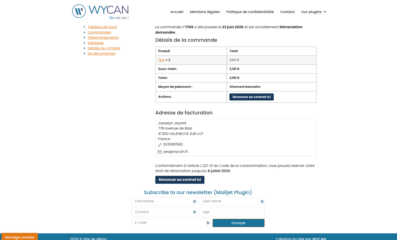 Bouton de rétractation dans le détail d'une commande WooCommerce avec rappel du délai légal de 14 jours - WyRetract