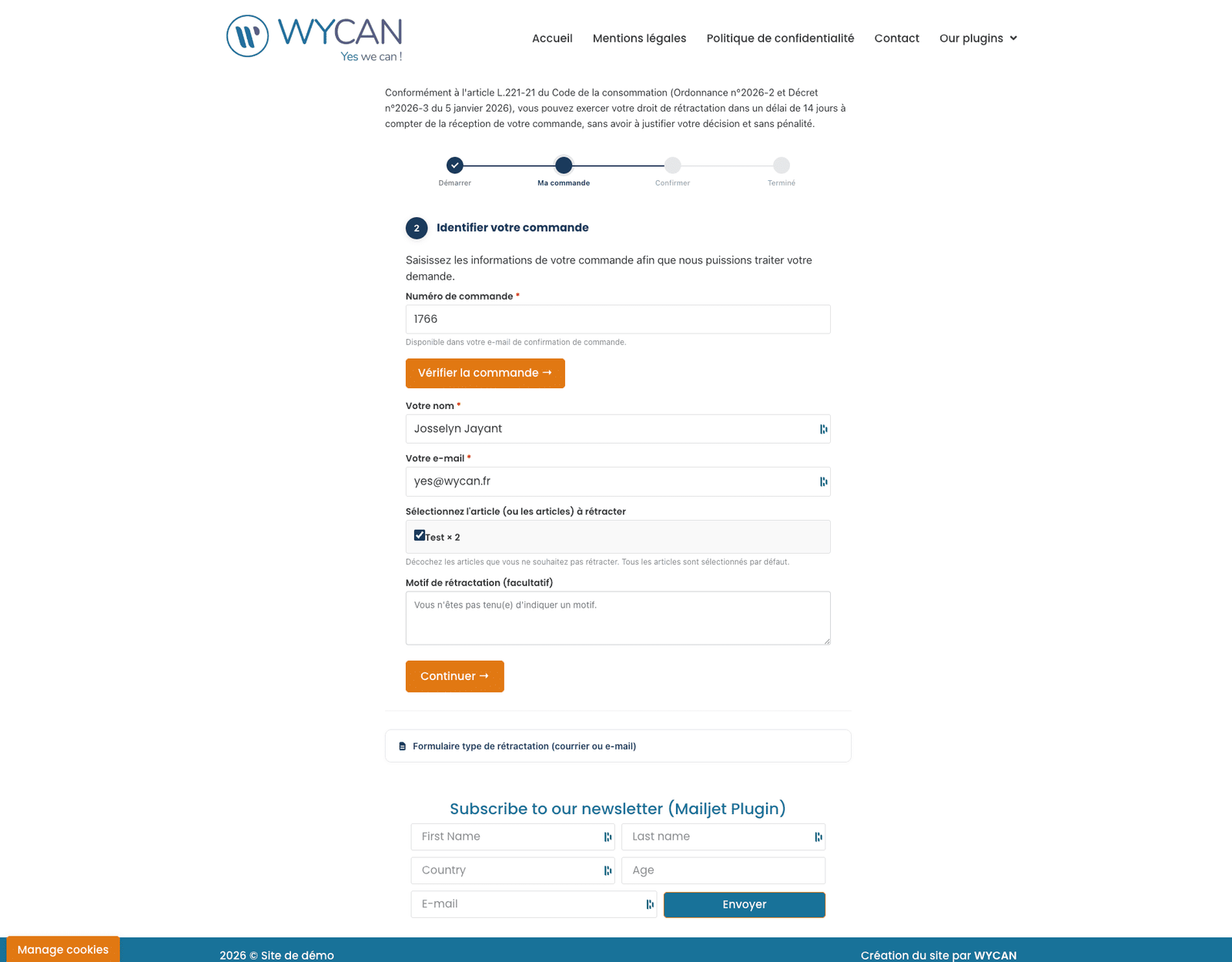 Formulaire de rétractation en ligne WooCommerce - étape 2 identification de la commande, sélection des articles et motif