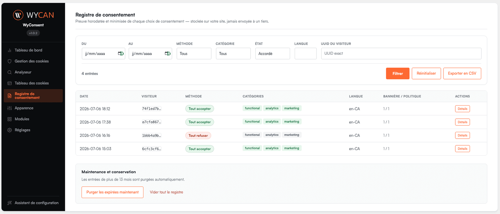wyconsent plugin cookies rgpd loi 25 auto heberge5